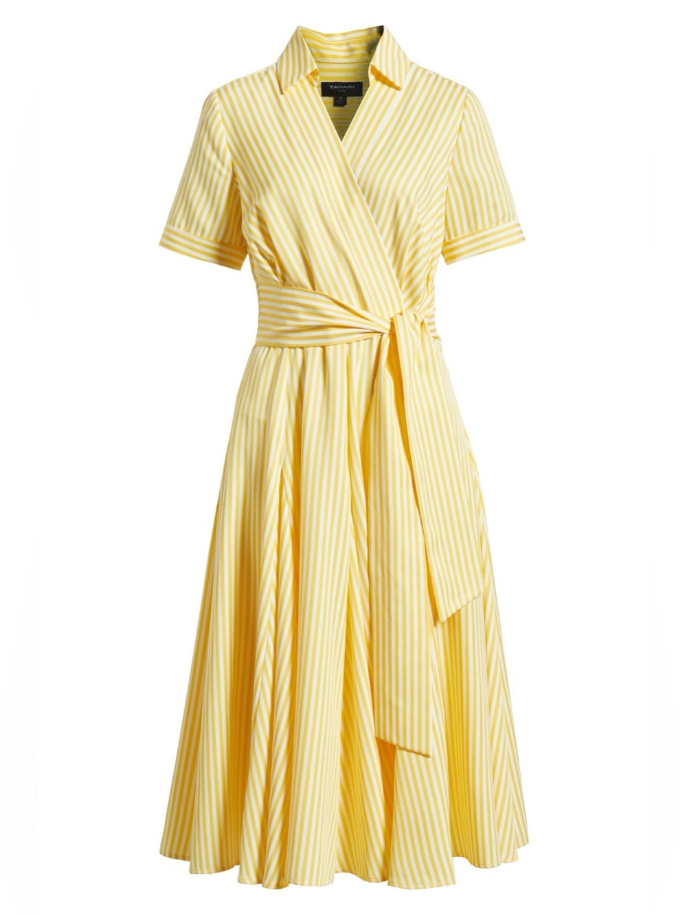 Tahari ASL Yellow and White Striped Wrap Midi Dress with Waist Tie